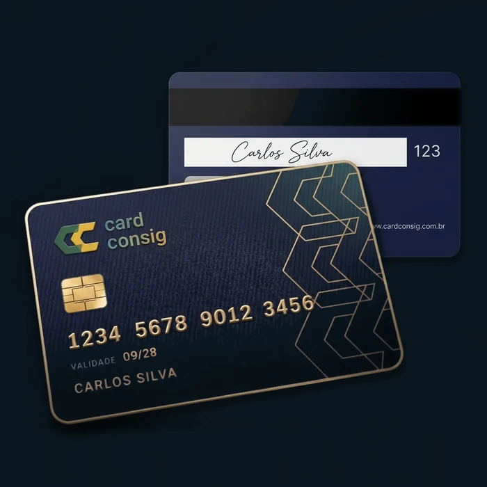Cartão CardConsig em azul-marinho com detalhes dourados, frente e verso